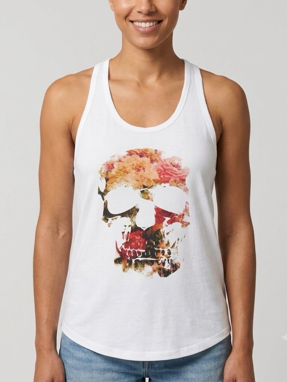 Haute Hippie White Floral Skull Graphic Racerback Tank Top Size Small GUC